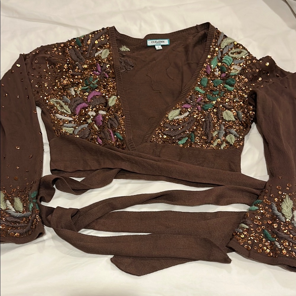 Brown Embellished Crop Blouse with Tie Front